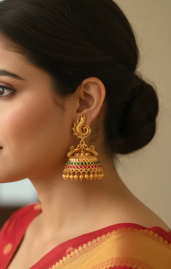 Ruby_Green_Antique_Peacock_shape_Jhumka