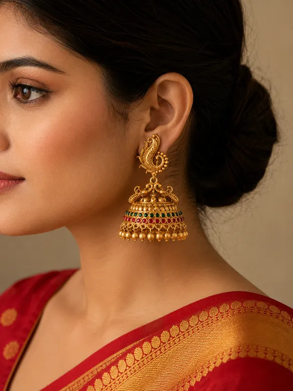 Ruby_Green_Antique_Peacock_shape_Jhumka