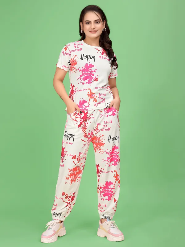 White_Printed_Valentino_Elastane_T-Shirt_&_Pyjamas_Set_For_Women_|_Regular_Round_Neck_Short_Sleeve