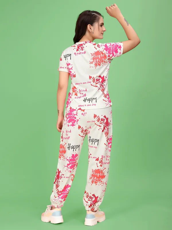 White_Printed_Valentino_Elastane_T-Shirt_&_Pyjamas_Set_For_Women_|_Regular_Round_Neck_Short_Sleeve