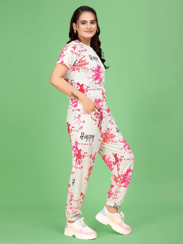 White_Printed_Valentino_Elastane_T-Shirt_&_Pyjamas_Set_For_Women_|_Regular_Round_Neck_Short_Sleeve