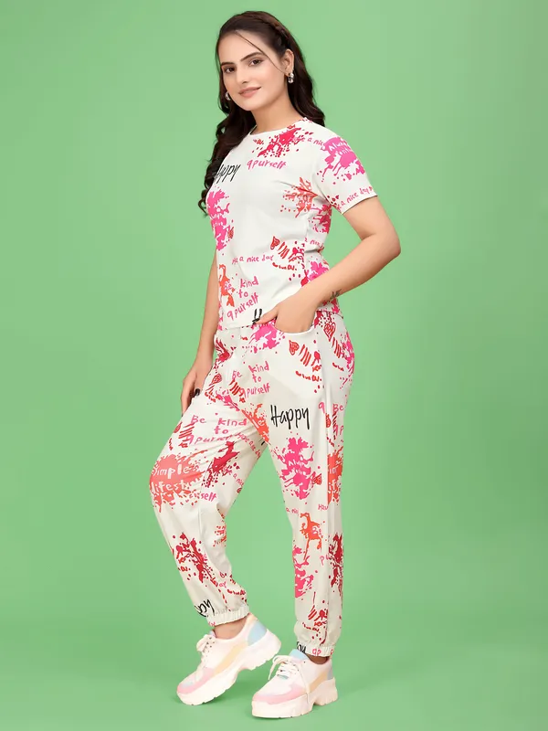 White_Printed_Valentino_Elastane_T-Shirt_&_Pyjamas_Set_For_Women_|_Regular_Round_Neck_Short_Sleeve