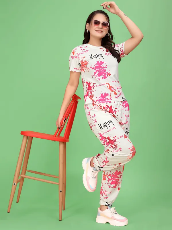 White_Printed_Valentino_Elastane_T-Shirt_&_Pyjamas_Set_For_Women_|_Regular_Round_Neck_Short_Sleeve