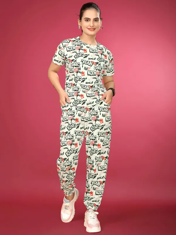White_&_Black_Elastane_T-Shirt_&_Pyjamas_Set_For_Women_|_Regular_Round_Neck_Short_Sleeve_|_Printed