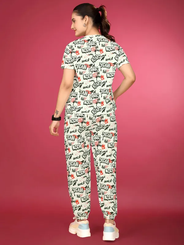 White_&_Black_Elastane_T-Shirt_&_Pyjamas_Set_For_Women_|_Regular_Round_Neck_Short_Sleeve_|_Printed