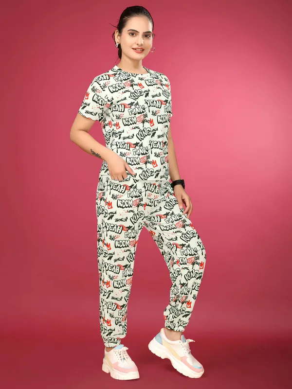 White_&_Black_Elastane_T-Shirt_&_Pyjamas_Set_For_Women_|_Regular_Round_Neck_Short_Sleeve_|_Printed