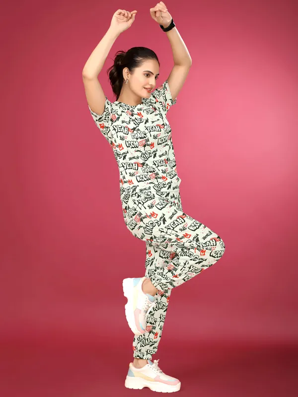 White_&_Black_Elastane_T-Shirt_&_Pyjamas_Set_For_Women_|_Regular_Round_Neck_Short_Sleeve_|_Printed