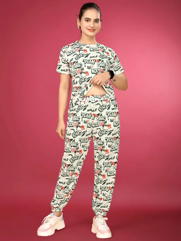 White_&_Black_Elastane_T-Shirt_&_Pyjamas_Set_For_Women_|_Regular_Round_Neck_Short_Sleeve_|_Printed