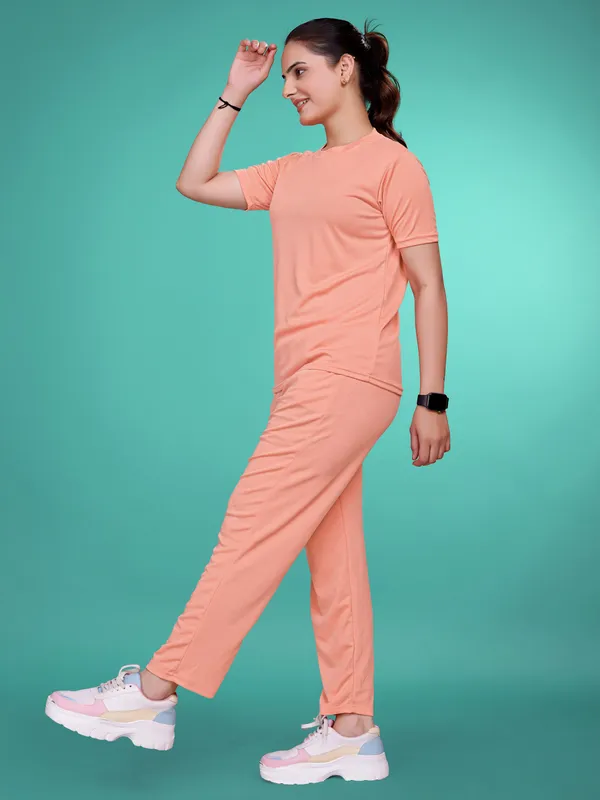 Peach_Solid_Valentino_Elastane_NightSuit_Set_For_Women_|_Regular_Round_Neck_Short_Sleeve