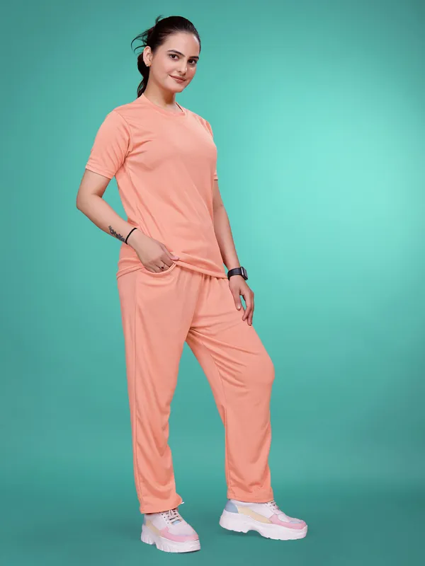 Peach_Solid_Valentino_Elastane_NightSuit_Set_For_Women_|_Regular_Round_Neck_Short_Sleeve