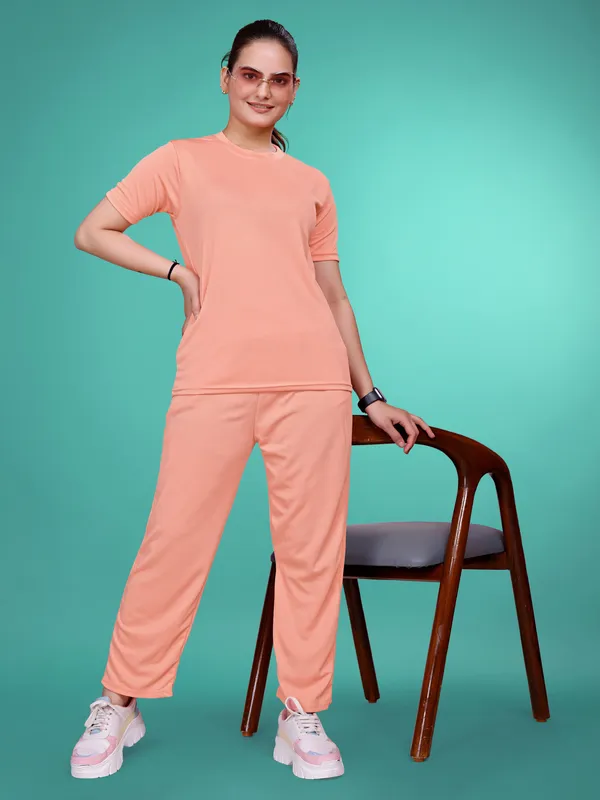 Peach_Solid_Valentino_Elastane_NightSuit_Set_For_Women_|_Regular_Round_Neck_Short_Sleeve