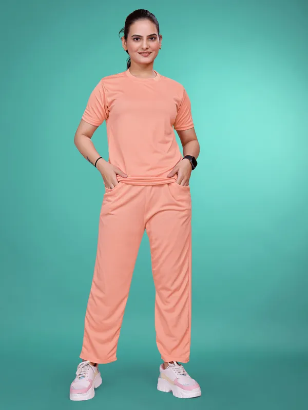 Peach_Solid_Valentino_Elastane_NightSuit_Set_For_Women_|_Regular_Round_Neck_Short_Sleeve