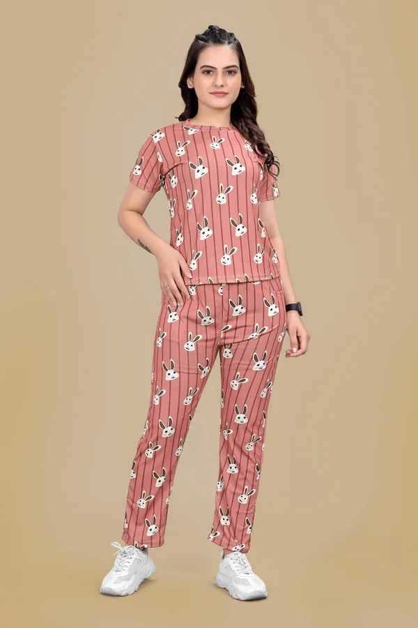 Peach_Printed_Elastane_T-Shirt_&_Pyjamas_Set_For_Women_|_Regular_Round_Neck_Short_Sleeve