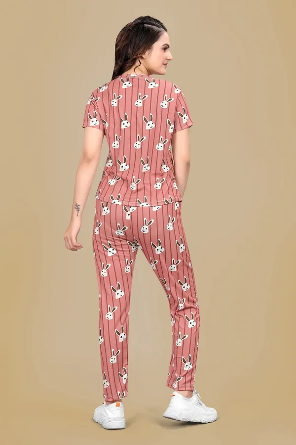 Peach_Printed_Elastane_T-Shirt_&_Pyjamas_Set_For_Women_|_Regular_Round_Neck_Short_Sleeve