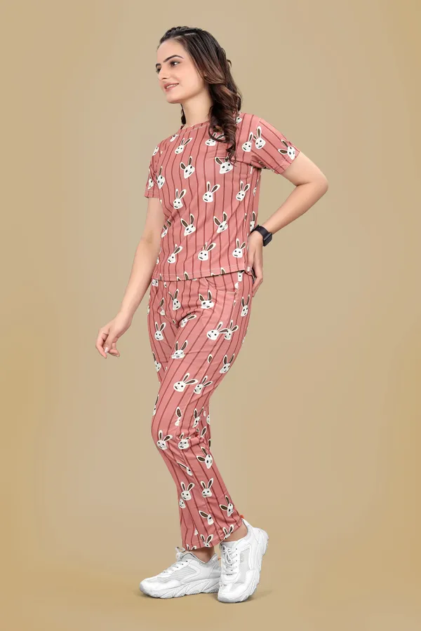 Peach_Printed_Elastane_T-Shirt_&_Pyjamas_Set_For_Women_|_Regular_Round_Neck_Short_Sleeve