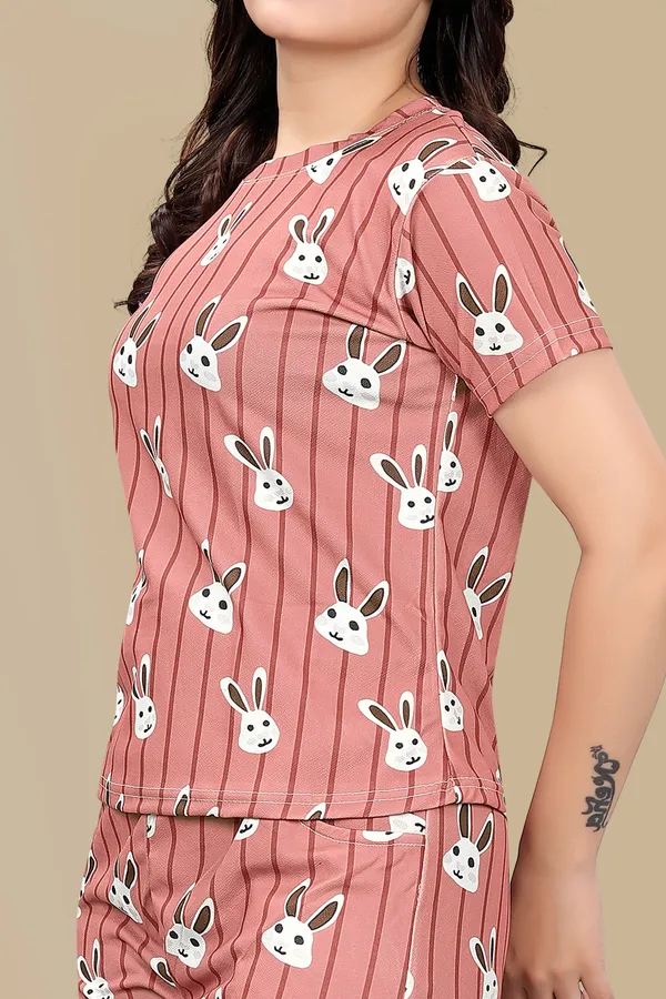 Peach_Printed_Elastane_T-Shirt_&_Pyjamas_Set_For_Women_|_Regular_Round_Neck_Short_Sleeve