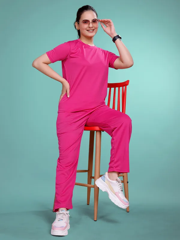 Pink_Solid_Valentino_Elastane_NightSuit_Set_For_Women_|_Regular_Round_Neck_Short_Sleeve