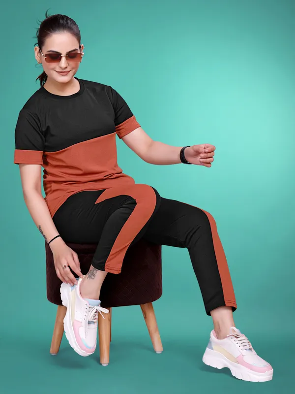 Rust_Solid_Elastane_TrackSuit_Set_For_Women_|_Regular_Round_Neck_Short_Sleeve