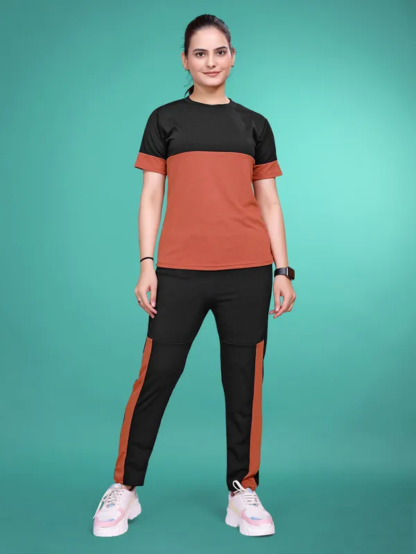 Rust_Solid_Elastane_TrackSuit_Set_For_Women_|_Regular_Round_Neck_Short_Sleeve