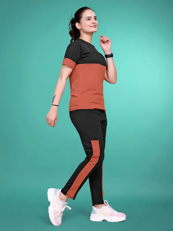 Rust_Solid_Elastane_TrackSuit_Set_For_Women_|_Regular_Round_Neck_Short_Sleeve