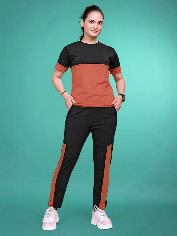 Rust_Solid_Elastane_TrackSuit_Set_For_Women_|_Regular_Round_Neck_Short_Sleeve