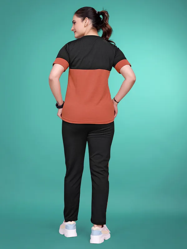 Rust_Solid_Elastane_TrackSuit_Set_For_Women_|_Regular_Round_Neck_Short_Sleeve