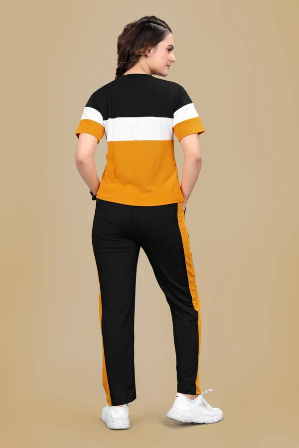 Yellow_Striped_Elastane_Track_Suit_For_Women_|_Regular_Round_Neck_Short_Sleeve
