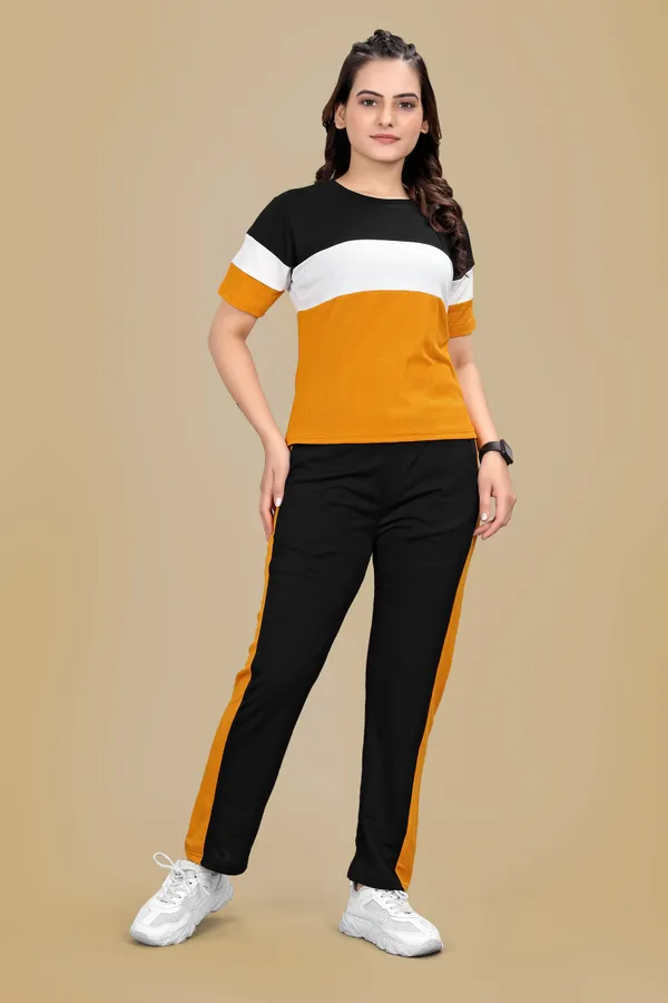 Yellow_Striped_Elastane_Track_Suit_For_Women_|_Regular_Round_Neck_Short_Sleeve