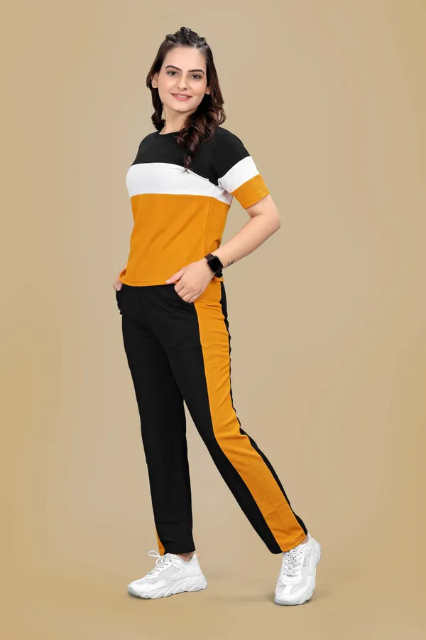 Yellow_Striped_Elastane_Track_Suit_For_Women_|_Regular_Round_Neck_Short_Sleeve