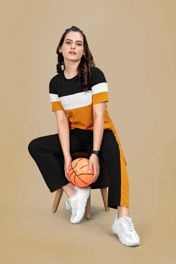 Yellow_Striped_Elastane_Track_Suit_For_Women_|_Regular_Round_Neck_Short_Sleeve
