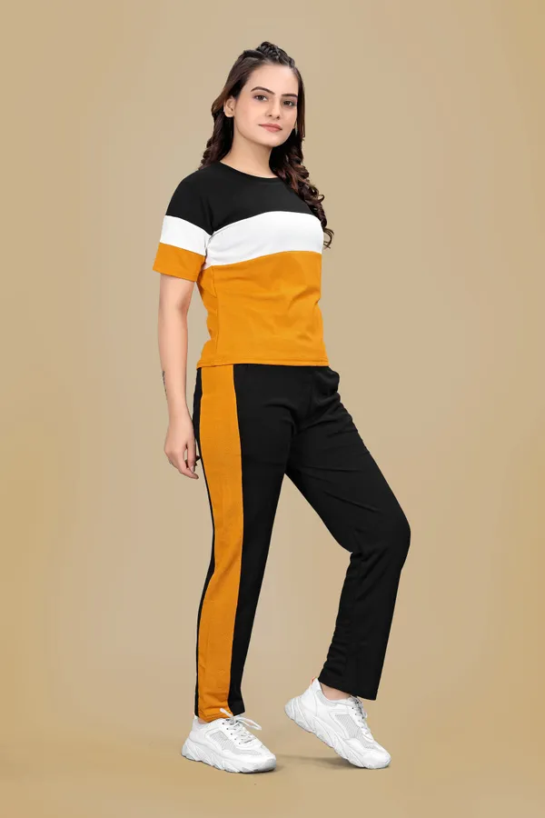Yellow_Striped_Elastane_Track_Suit_For_Women_|_Regular_Round_Neck_Short_Sleeve