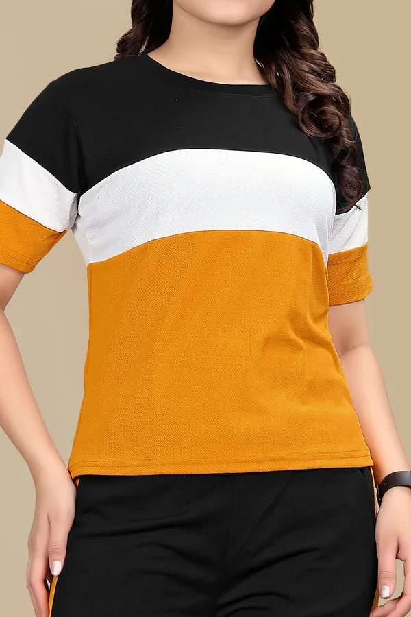 Yellow_Striped_Elastane_Track_Suit_For_Women_|_Regular_Round_Neck_Short_Sleeve