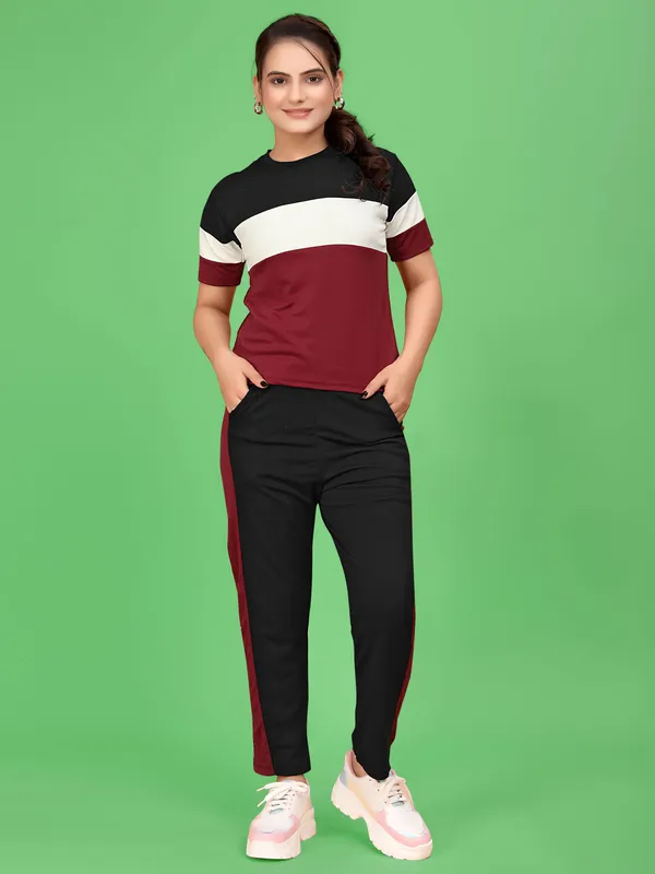 Maroon_Striped_Elastane_Track_Suit_For_Women_|_Regular_Round_Neck_Short_Sleeve