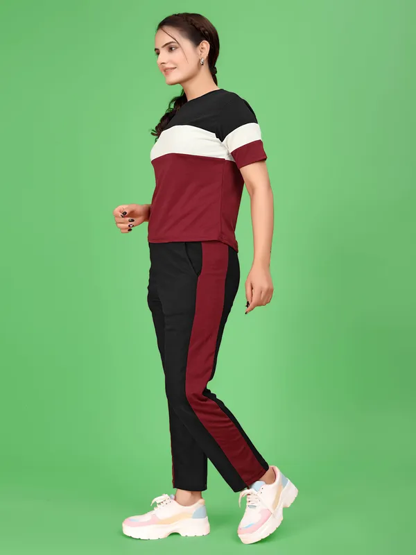 Maroon_Striped_Elastane_Track_Suit_For_Women_|_Regular_Round_Neck_Short_Sleeve