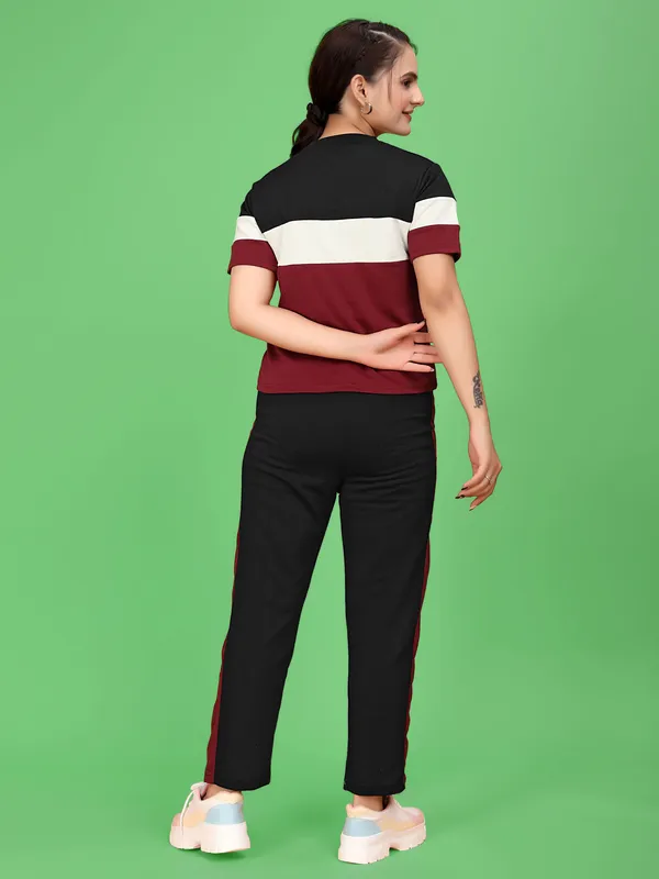 Maroon_Striped_Elastane_Track_Suit_For_Women_|_Regular_Round_Neck_Short_Sleeve