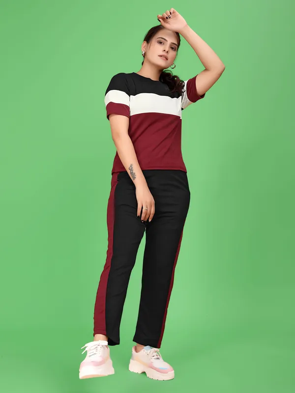 Maroon_Striped_Elastane_Track_Suit_For_Women_|_Regular_Round_Neck_Short_Sleeve