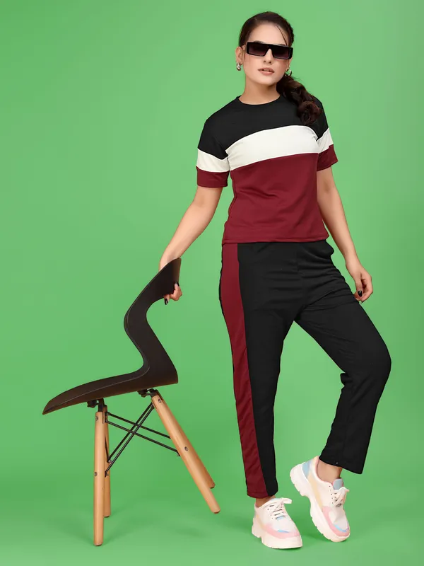 Maroon_Striped_Elastane_Track_Suit_For_Women_|_Regular_Round_Neck_Short_Sleeve