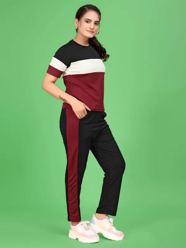 Maroon_Striped_Elastane_Track_Suit_For_Women_|_Regular_Round_Neck_Short_Sleeve