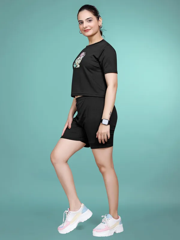 Black_Printed_Elastane_Co-ord_Set_For_Women_I_Regular_Round_Neck_Short_Sleeve