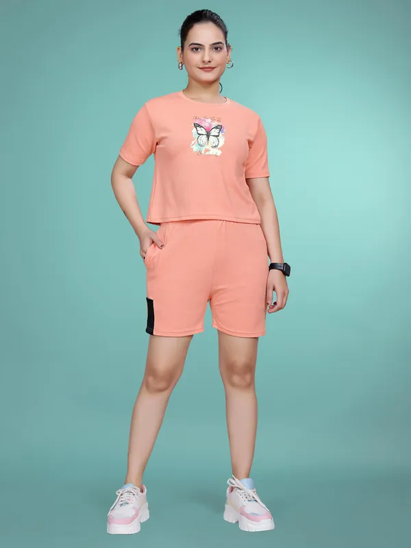 Peach_Printed_Elastane_Co-ord_Set_For_Women_I_Regular_Round_Neck_Short_Sleeve