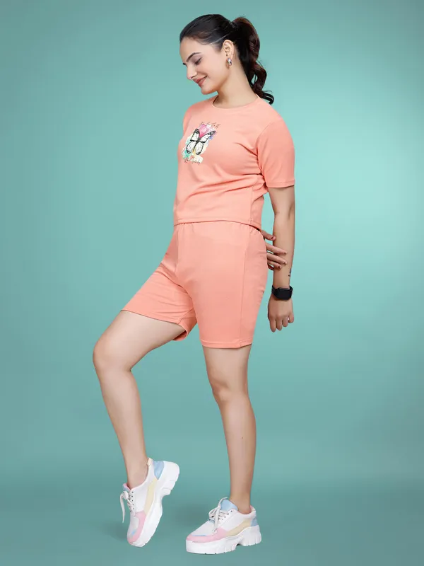 Peach_Printed_Elastane_Co-ord_Set_For_Women_I_Regular_Round_Neck_Short_Sleeve