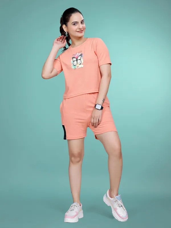 Peach_Printed_Elastane_Co-ord_Set_For_Women_I_Regular_Round_Neck_Short_Sleeve