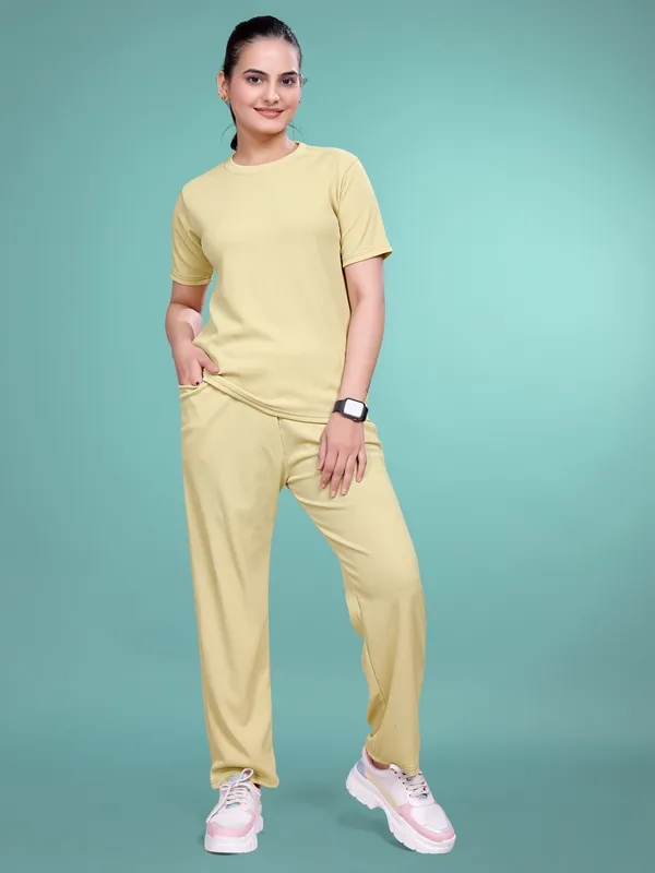 Cream_Printed_Elastane_T-Shirt_&_Pyjamas_Set_For_Women_|_Regular_Round_Neck_Short_Sleeve