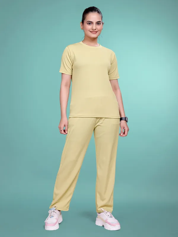 Cream_Printed_Elastane_T-Shirt_&_Pyjamas_Set_For_Women_|_Regular_Round_Neck_Short_Sleeve