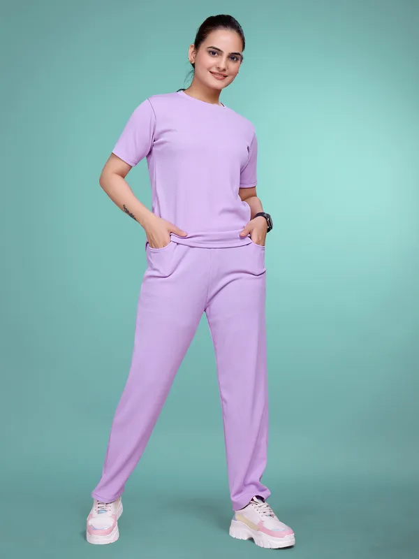 Lavender_Printed_Elastane_T-Shirt_&_Pyjamas_Set_For_Women_|_Regular_Round_Neck_Short_Sleeve