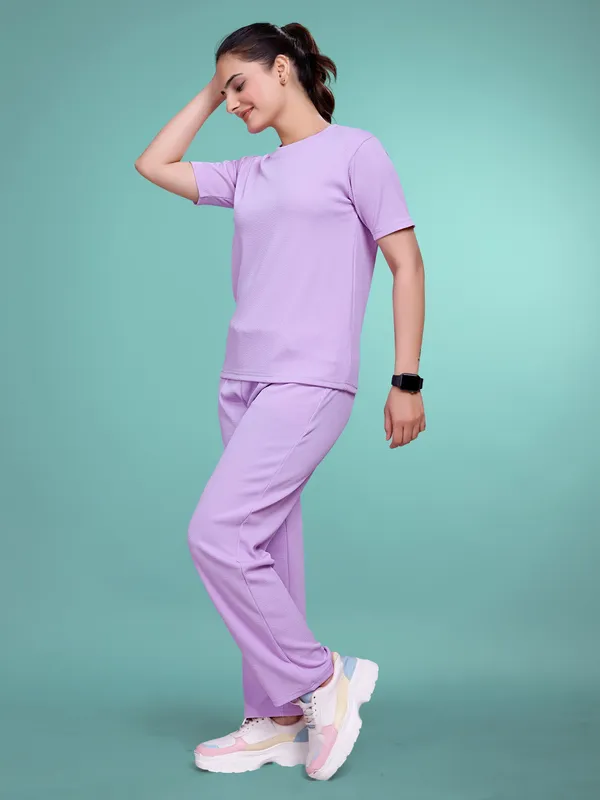 Lavender_Printed_Elastane_T-Shirt_&_Pyjamas_Set_For_Women_|_Regular_Round_Neck_Short_Sleeve