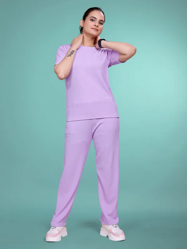 Lavender_Printed_Elastane_T-Shirt_&_Pyjamas_Set_For_Women_|_Regular_Round_Neck_Short_Sleeve