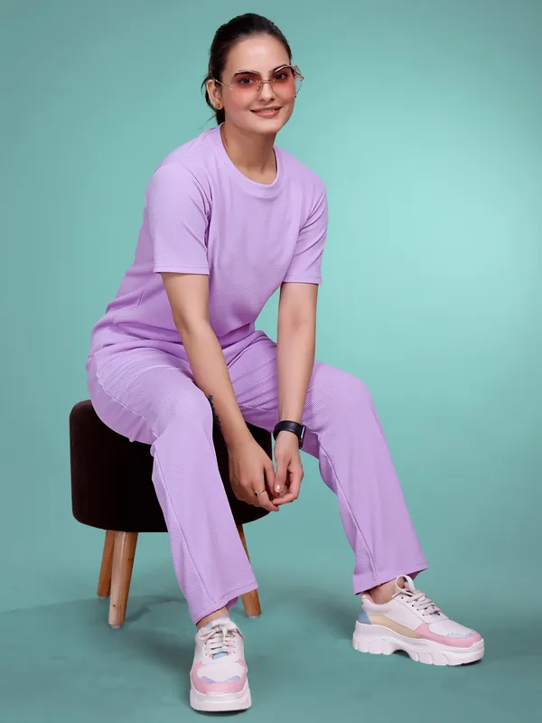 Lavender_Printed_Elastane_T-Shirt_&_Pyjamas_Set_For_Women_|_Regular_Round_Neck_Short_Sleeve