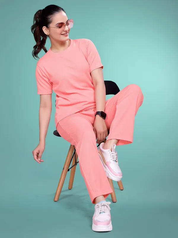 Peach_Printed_Elastane_T-Shirt_&_Pyjamas_Set_For_Women_|_Regular_Round_Neck_Short_Sleeve