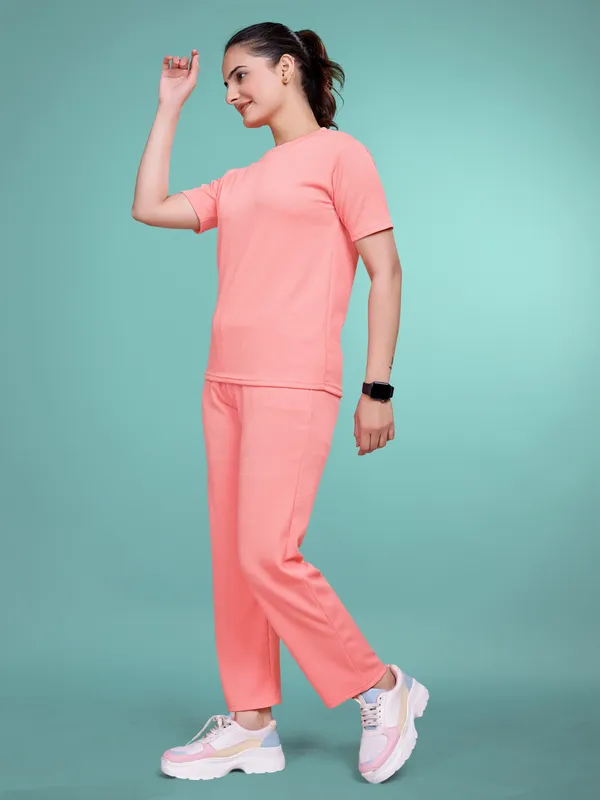 Peach_Printed_Elastane_T-Shirt_&_Pyjamas_Set_For_Women_|_Regular_Round_Neck_Short_Sleeve